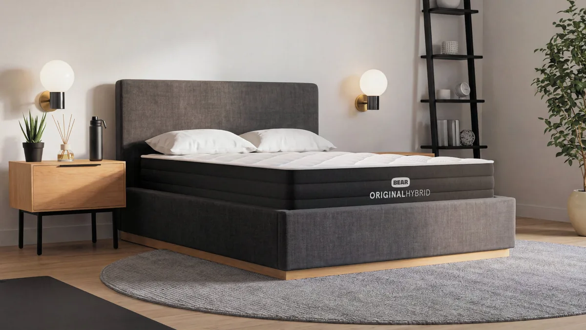 Bear Original Hybrid mattress on an upholstered bed