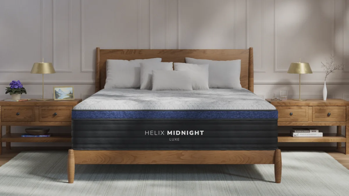 Helix Midnight Luxe mattress on a wooden bed frame