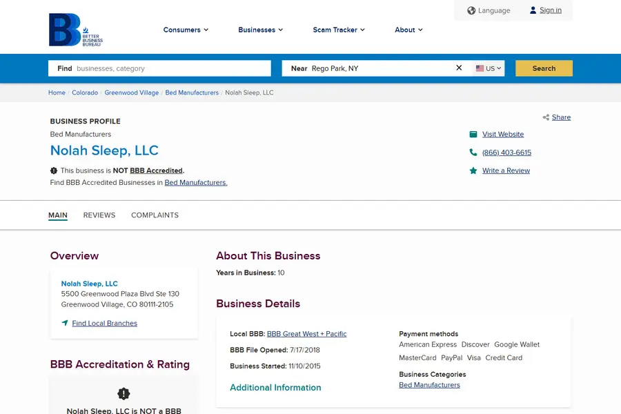 BBB review page for Nolah captured October 10, 2026