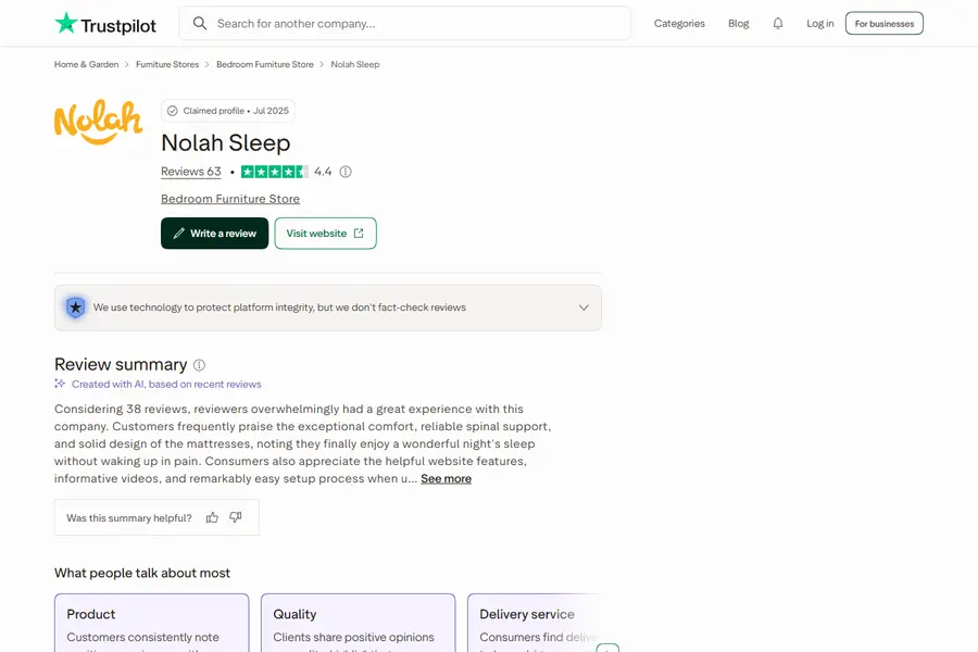 Trustpilot review page for Nolah captured October 10, 2026