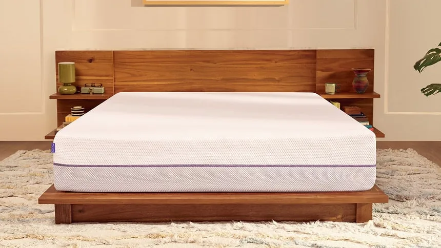PurplePlus mattress on a walnut platform bed