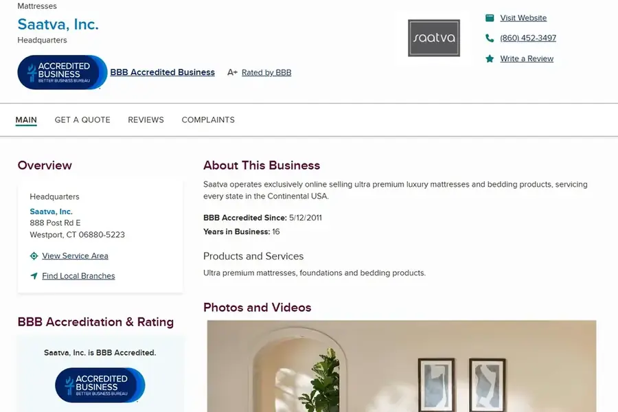 Better Business Bureau profile for Saatva, Inc. captured September 17, 2026