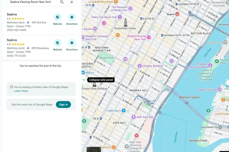 Google Maps viewing-room ratings for Saatva captured September 17, 2026