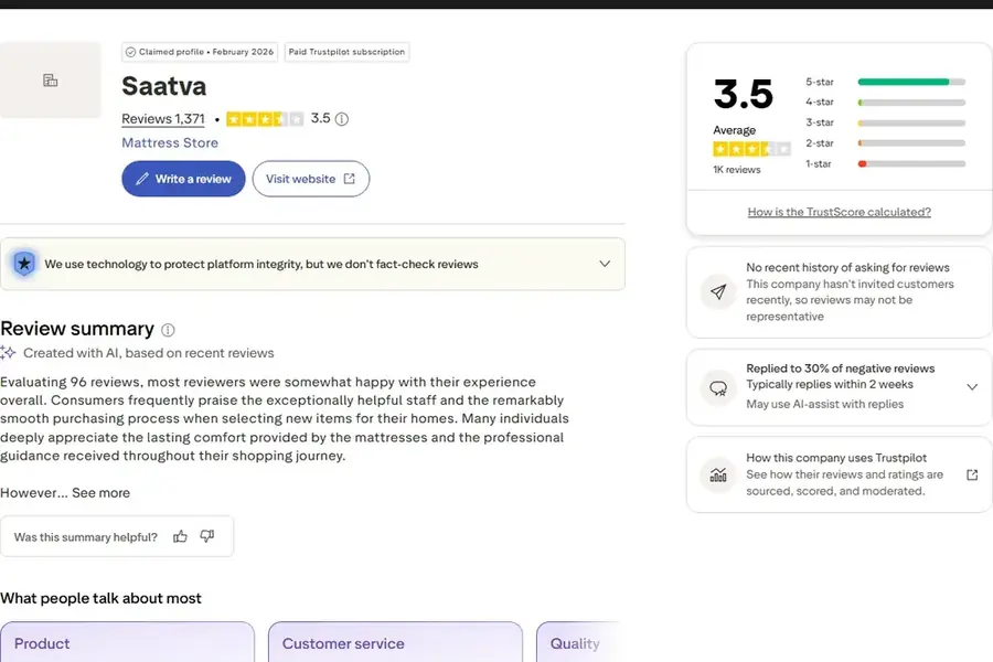 Trustpilot review page for Saatva captured September 17, 2026