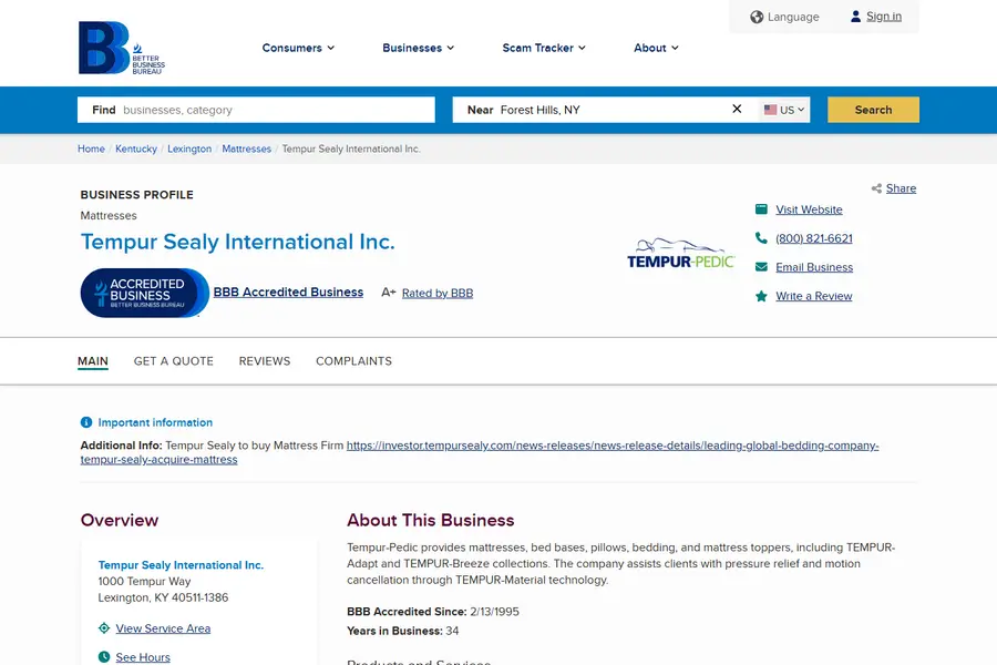 BBB profile of Tempur Sealy International, Stearns & Foster's parent company, captured October 10, 2026