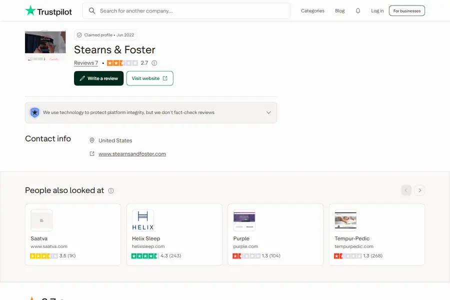 Trustpilot review page for Stearns & Foster captured October 10, 2026