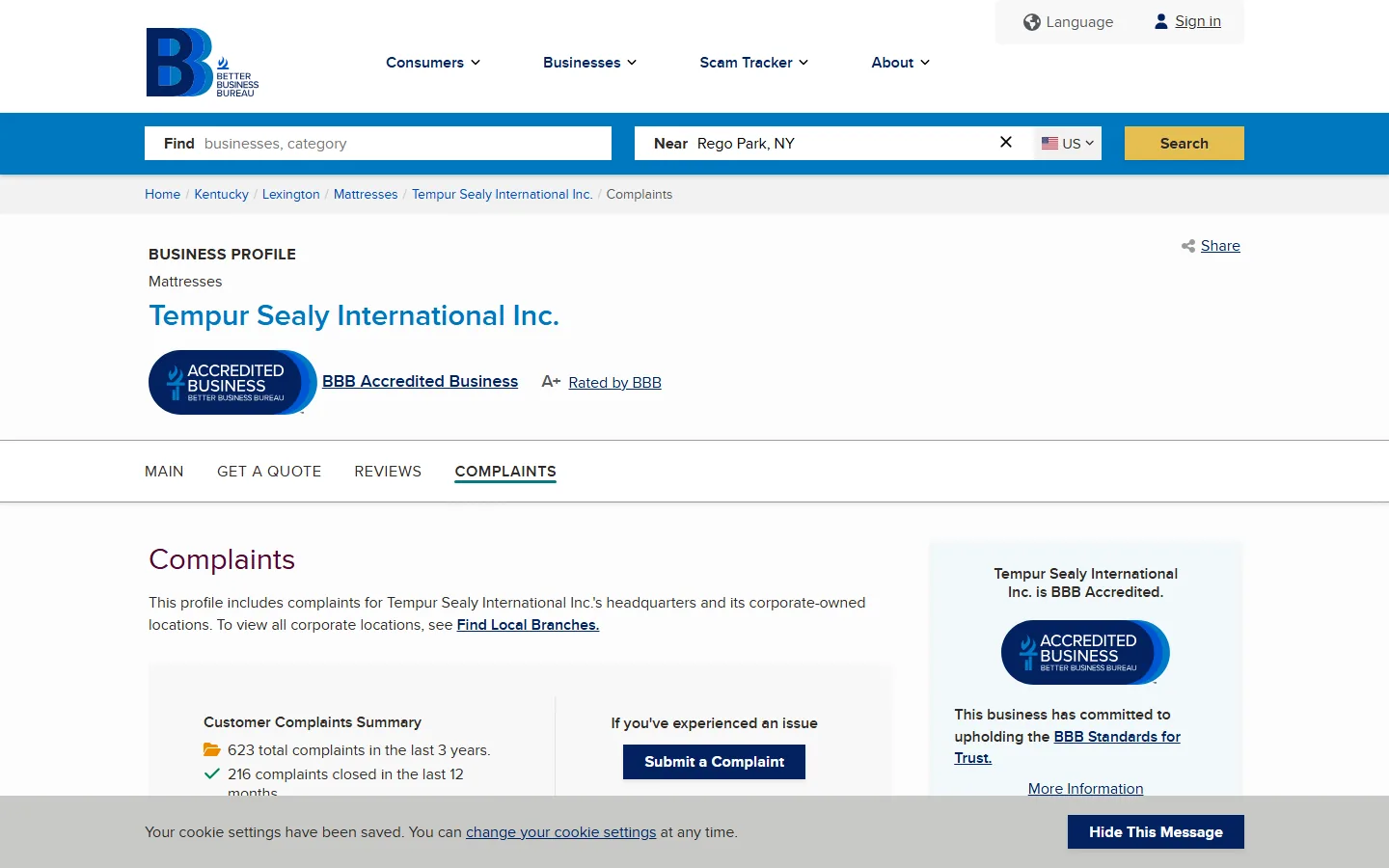 Better Business Bureau complaint summary for Tempur Sealy International captured September 22, 2026