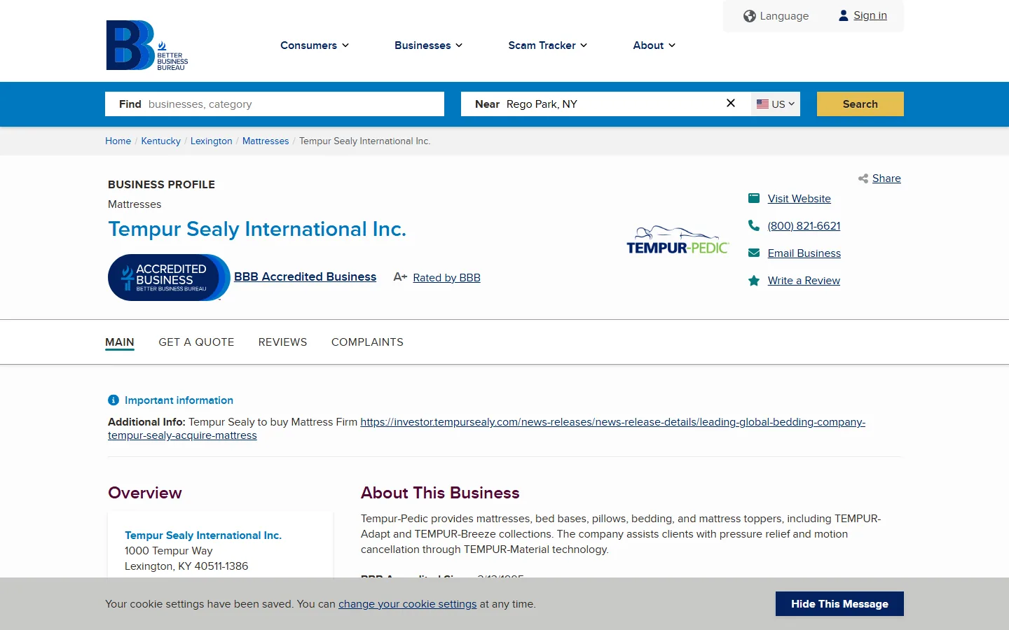 Better Business Bureau profile for Tempur Sealy International captured September 22, 2026