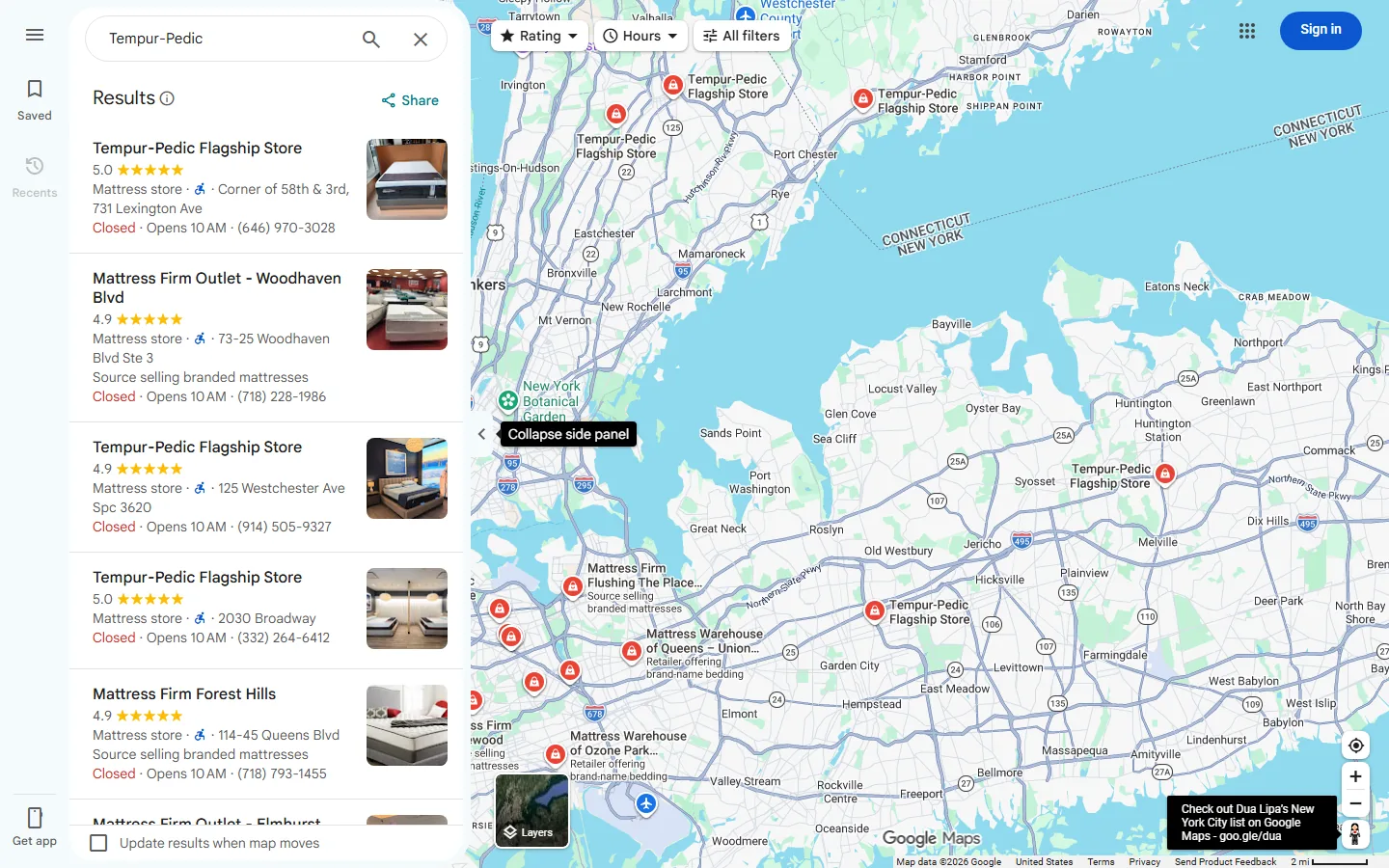 Google Maps store listings for Tempur-Pedic captured September 22, 2026 (no brand-level review profile reachable)