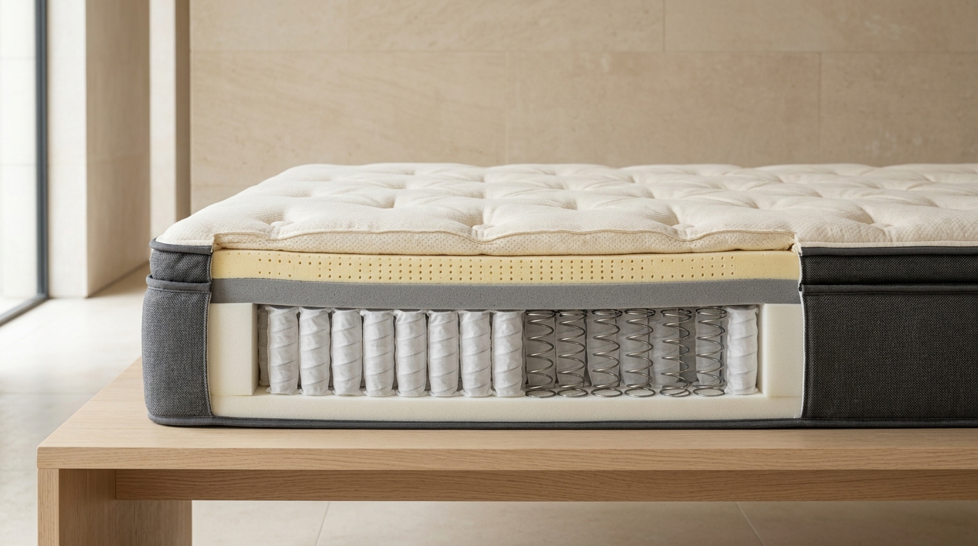 Independent physical teardown cutaway of luxury hybrid mattress exposing internal foam and pocketed coil layers