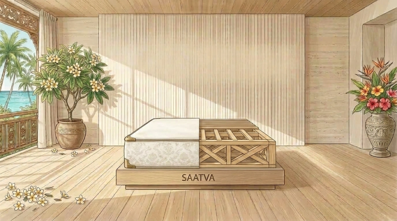 Saatva Foundation solid spruce wood deconstructed architectural watercolor illustration