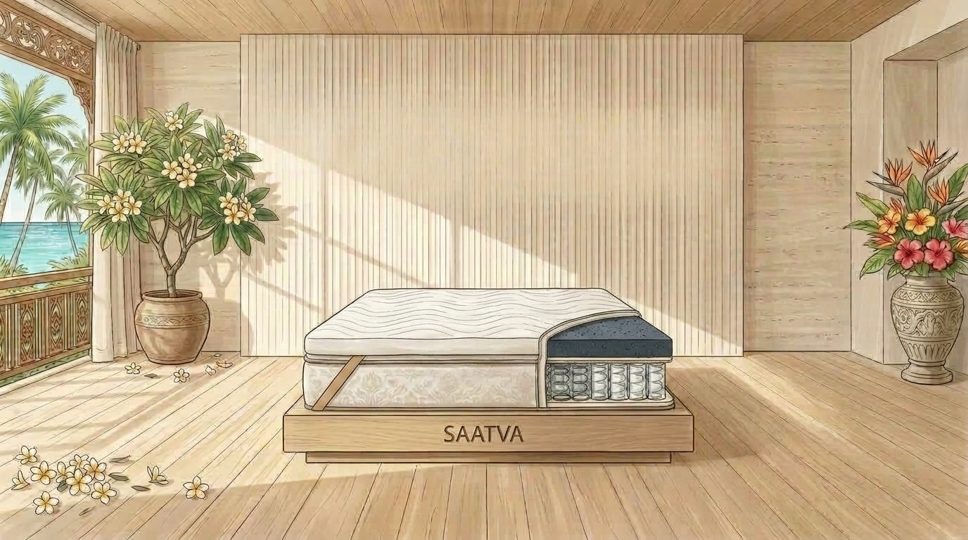 Saatva Graphite Memory Foam Topper deconstructed architectural watercolor illustration