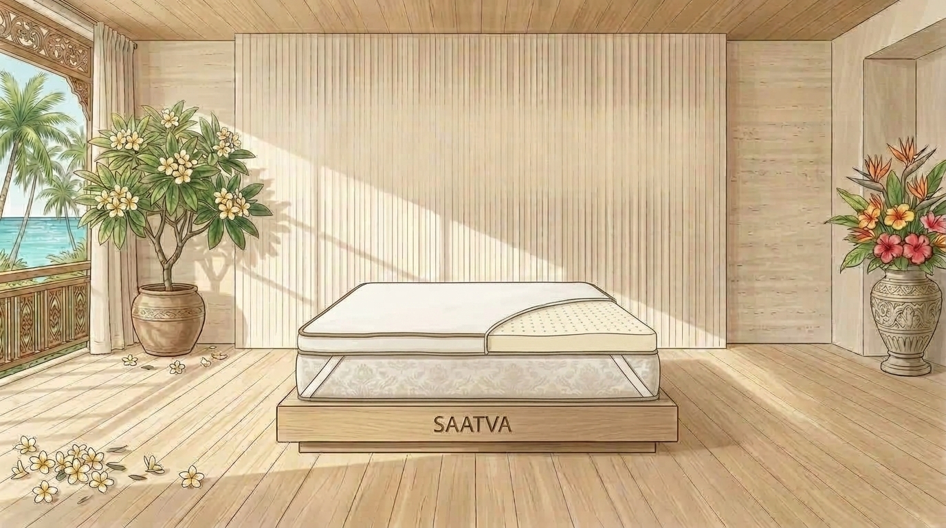 Saatva Natural Latex Topper deconstructed architectural watercolor illustration
