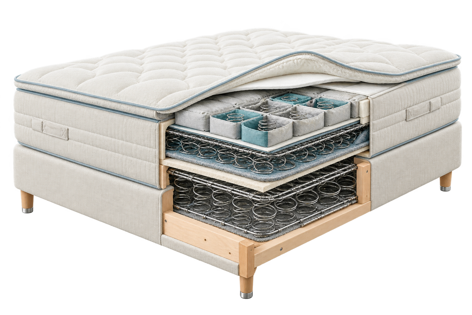 Editorial reconstruction of a cut-open mattress representing DUX framed spring-system construction for The DUX 30