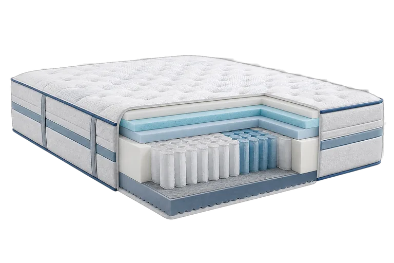 Layer drawing of a hybrid mattress: foam comfort layers over pocketed coils