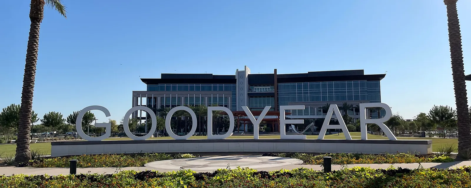The Goodyear sign in front of City Hall