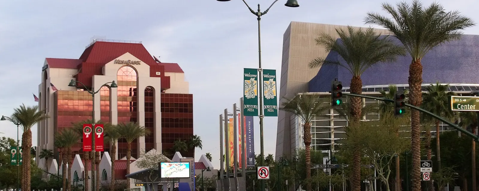 Main Street in downtown Mesa with palm trees
