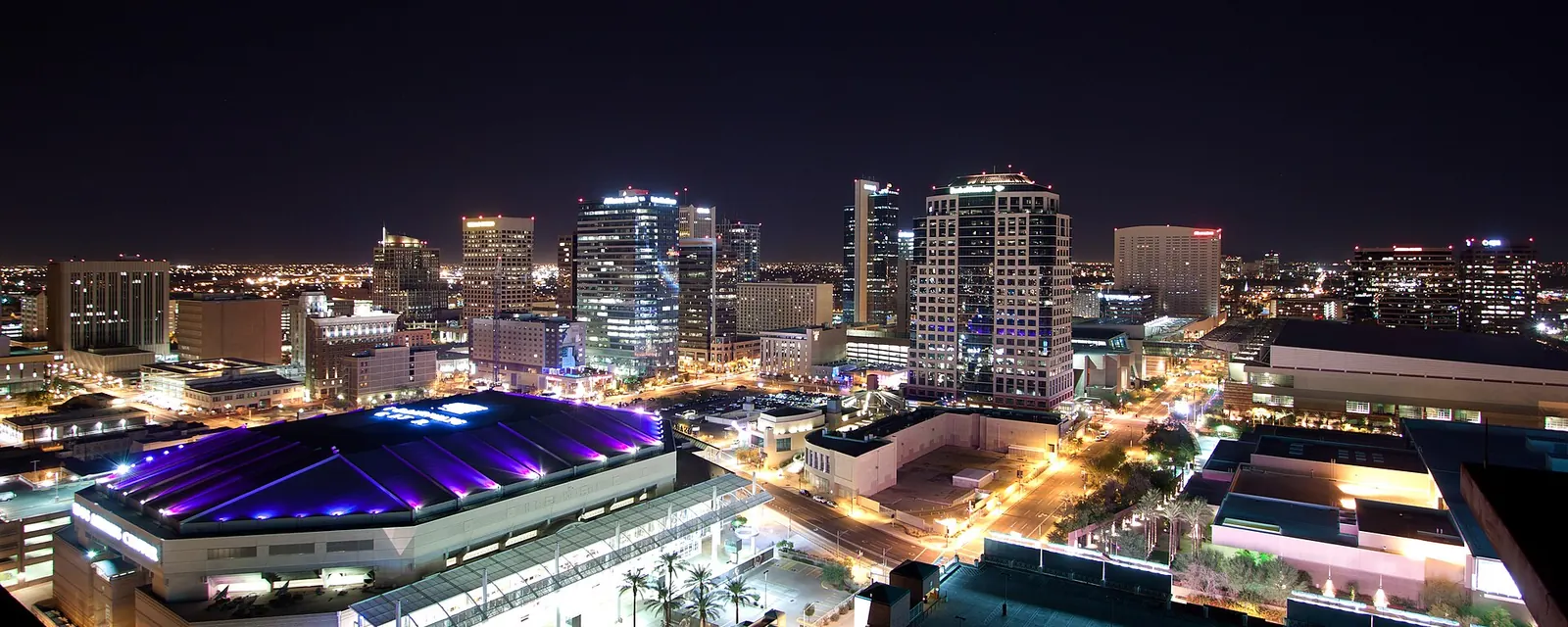 Downtown Phoenix skyline lit up at night