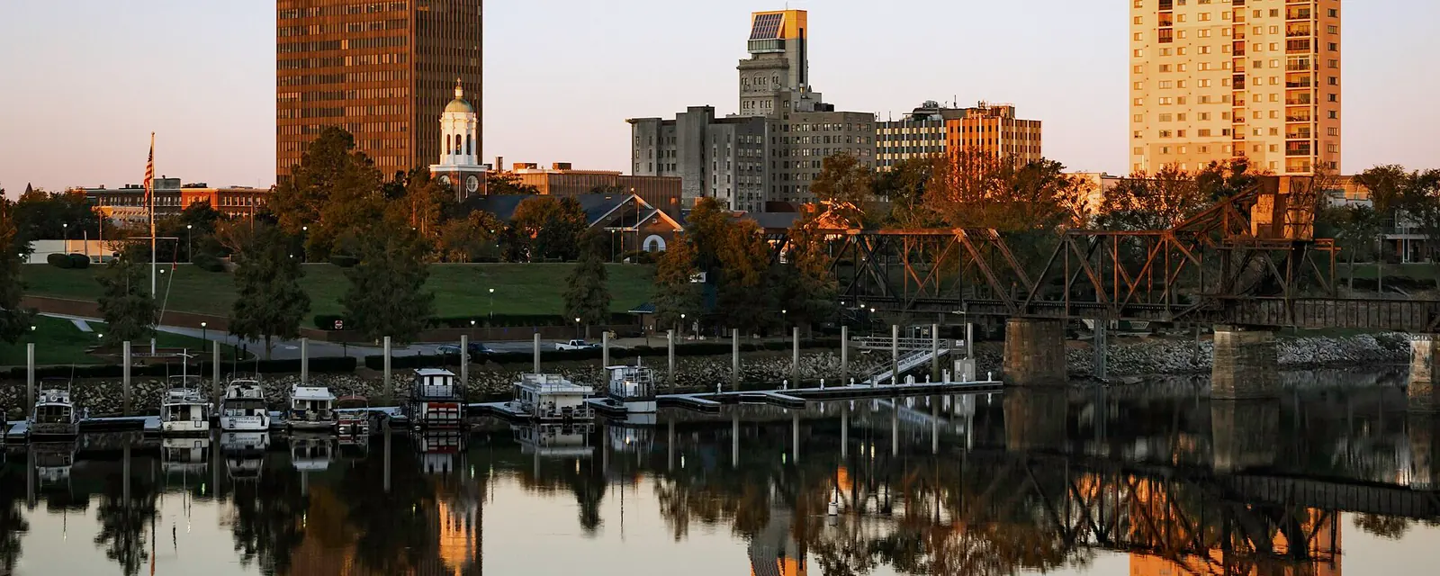 Downtown Augusta skyline reflected in the Savannah River at sunset