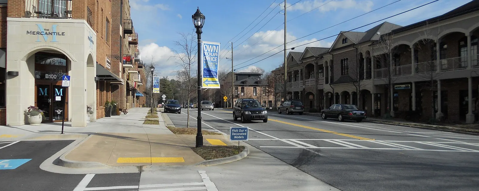Shops and sidewalks at Brookhaven Village in Brookhaven, Georgia