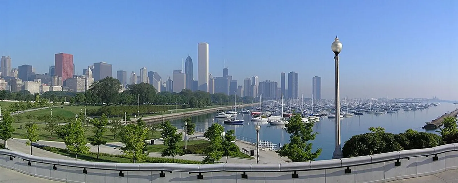 The downtown Chicago skyline over a lakefront harbor full of boats, Chicago, Illinois