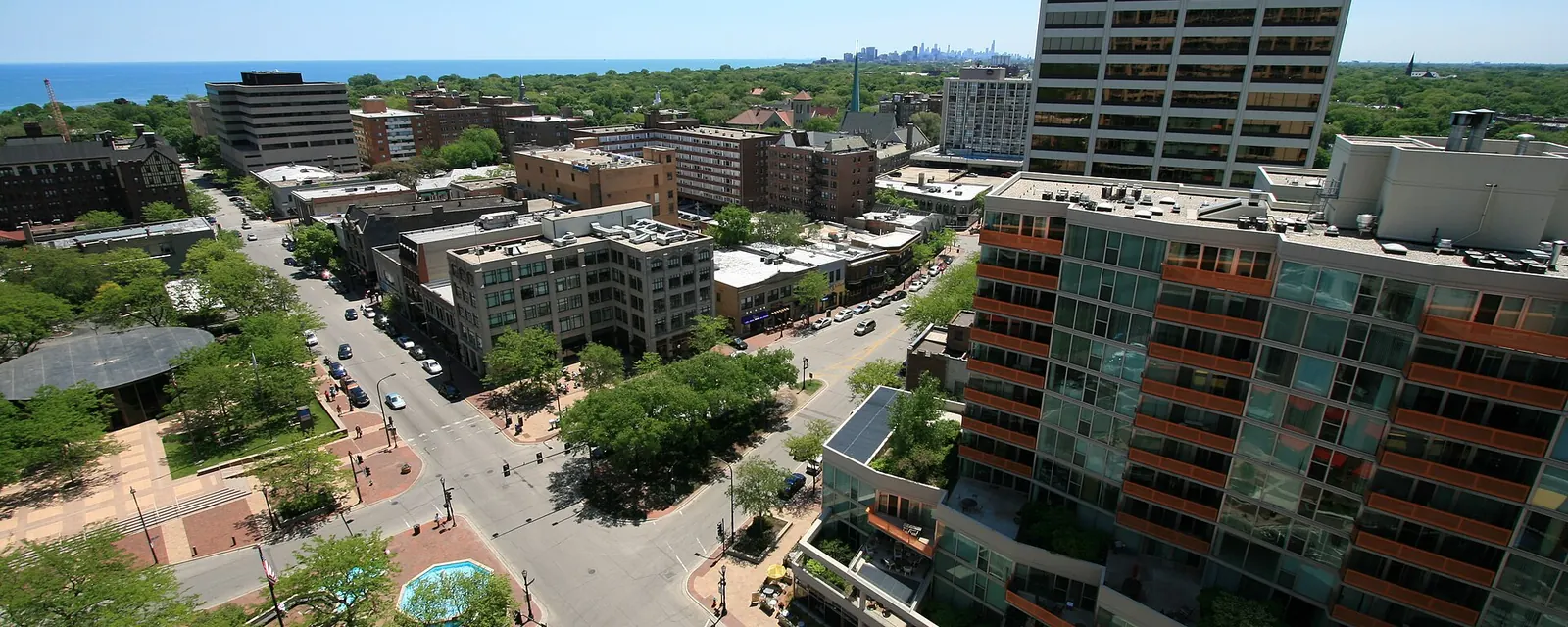 Fountain Square and downtown Evanston, Illinois, seen from above, with Lake Michigan behind