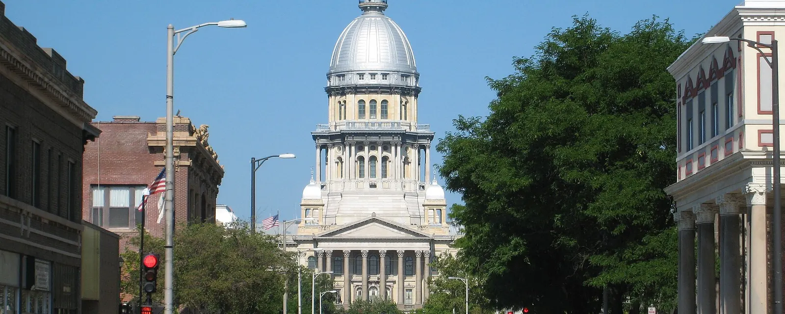 Downtown Springfield, Illinois, with the Illinois State Capitol dome at the end of the street