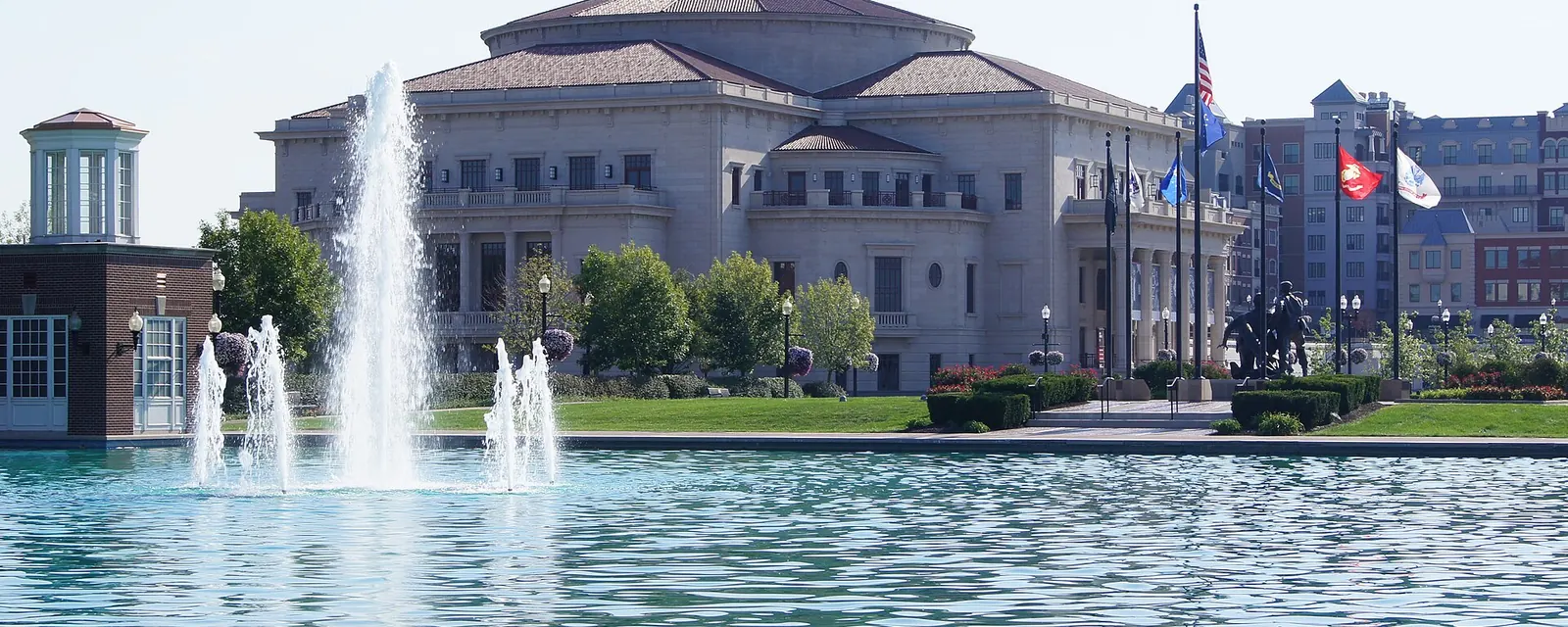 The Palladium concert hall behind a fountain in Carmel