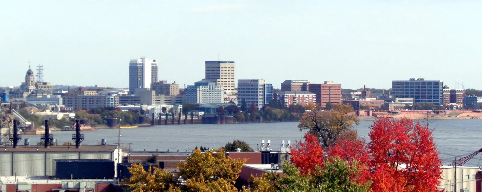 Evansville skyline across the Ohio River in autumn