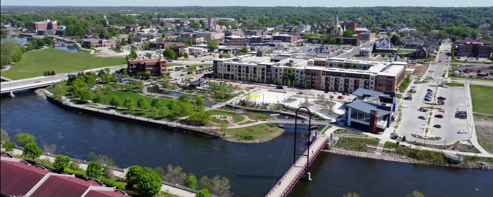 Downtown Mishawaka from above, along the St. Joseph River