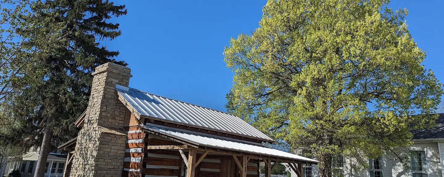 The restored 1835 Barker family log cabin in Westfield, Indiana