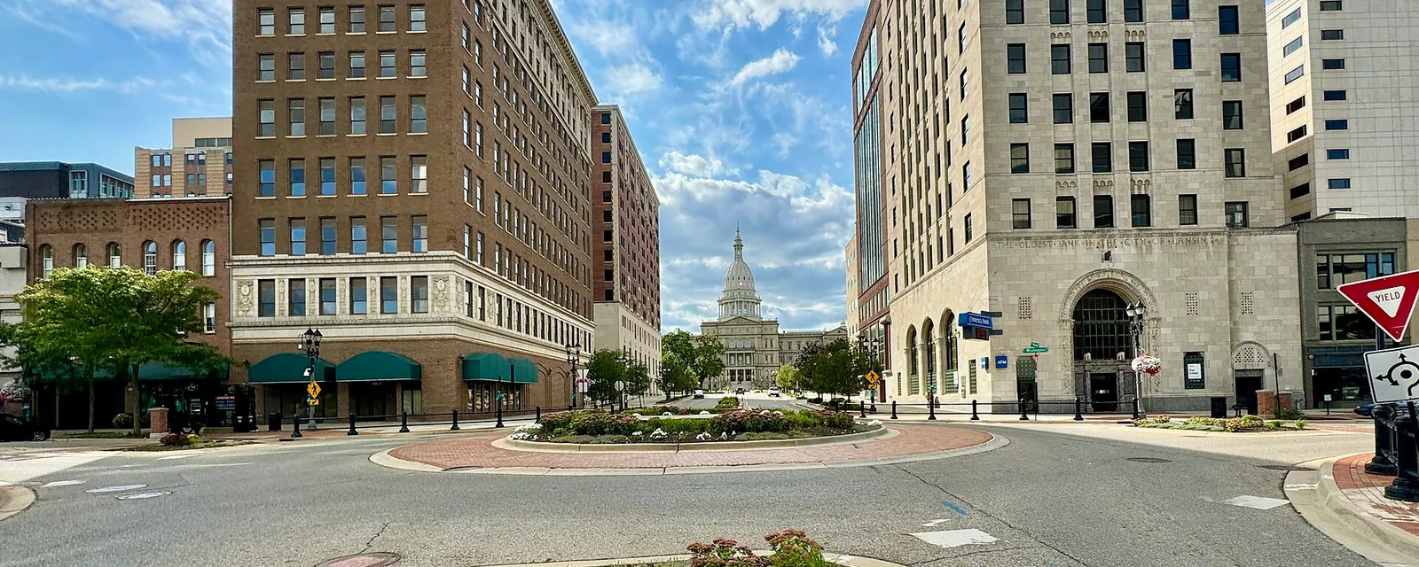 Washington Square in Lansing with the State Capitol behind it