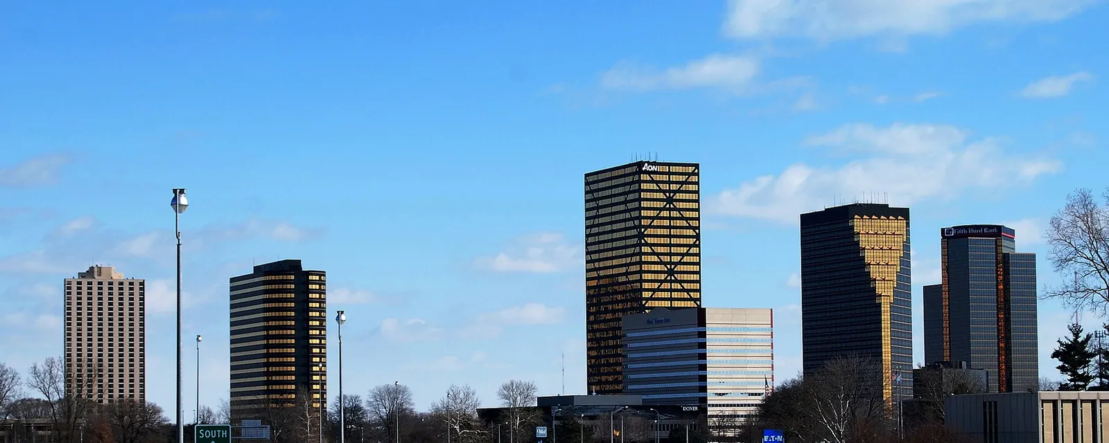 Office towers along the freeway in Southfield