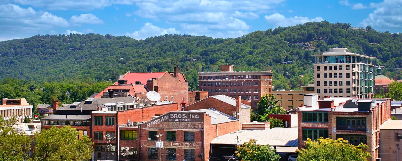Downtown Asheville with the mountains behind it