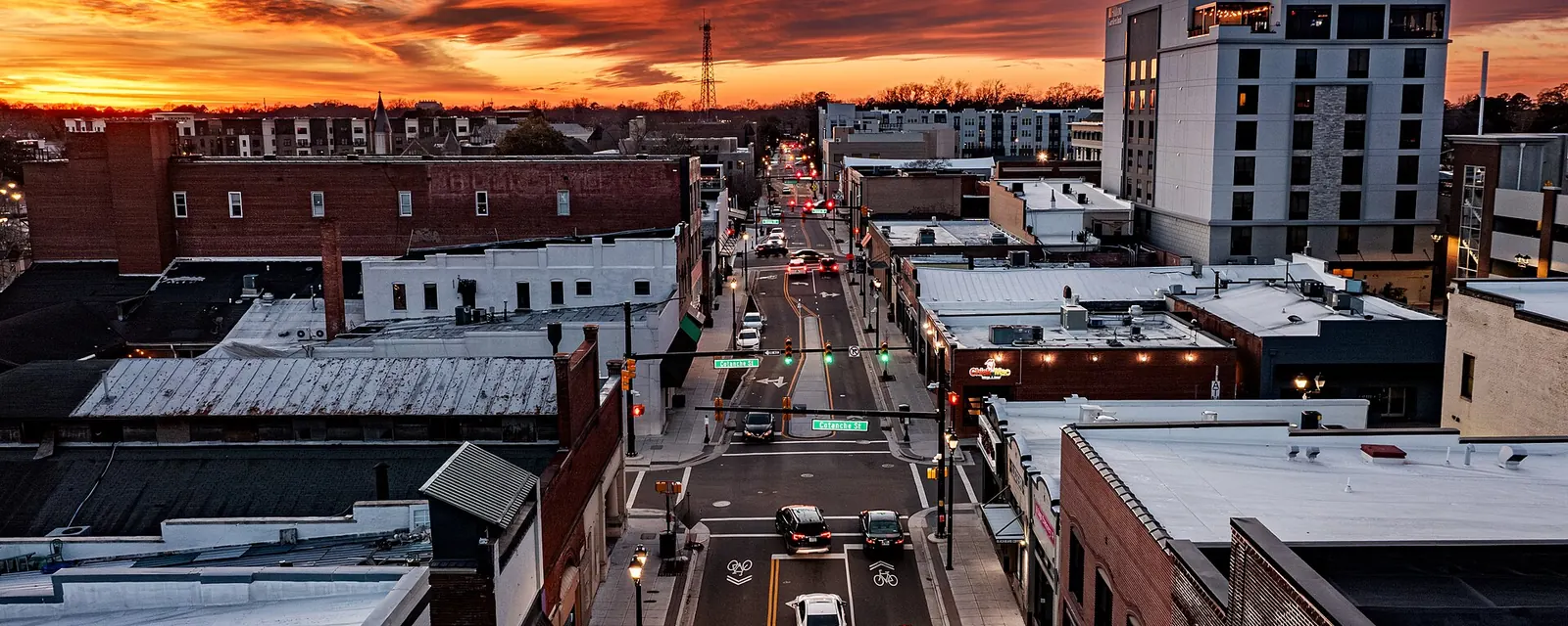 Downtown Greenville from above at sunset
