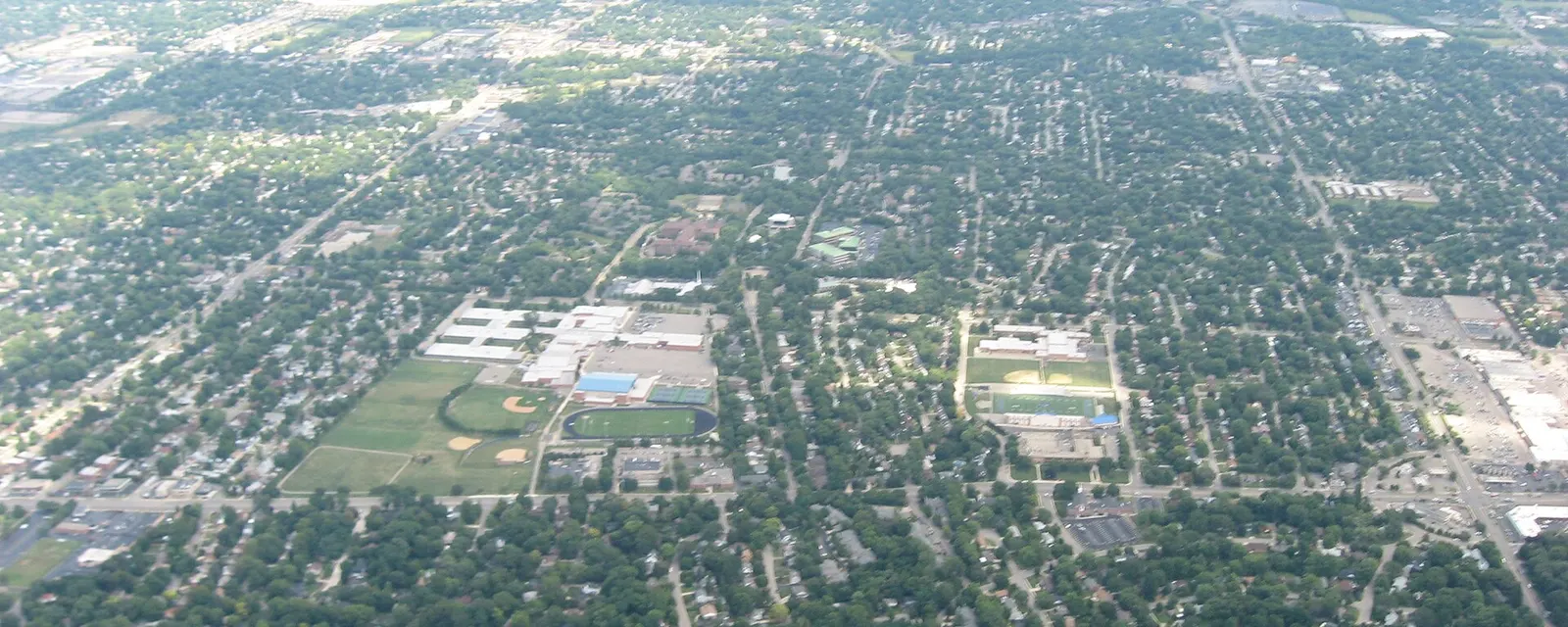 Aerial view of Kettering neighborhoods around Fairmont High School