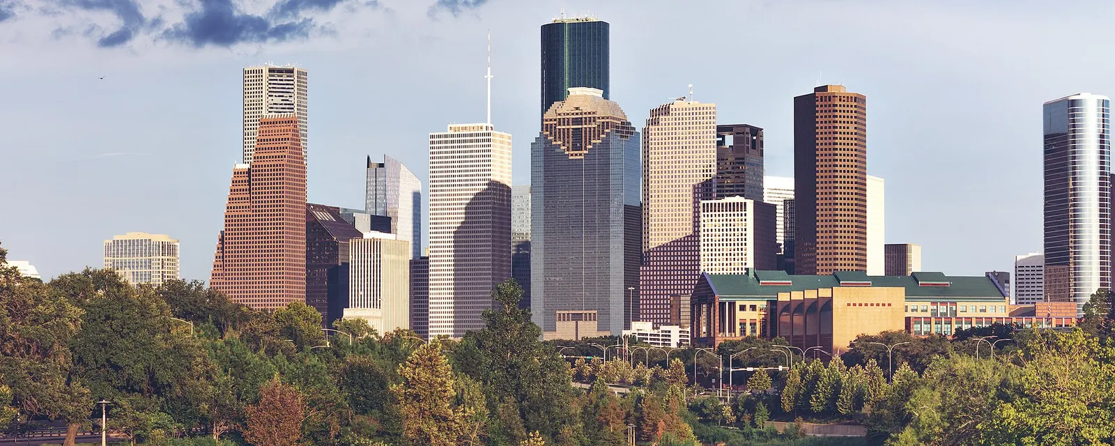 Downtown Houston skyline above the trees