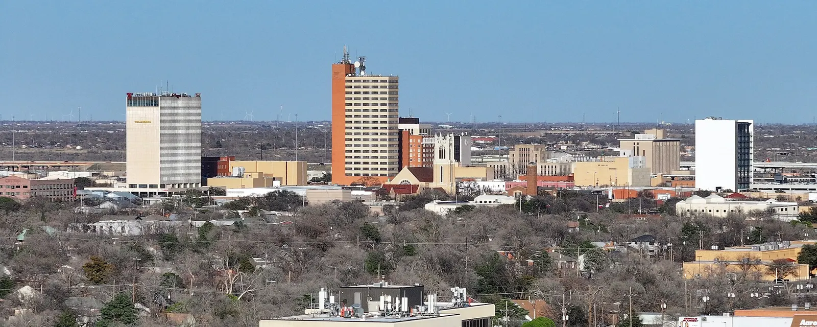 Downtown Lubbock skyline above the trees