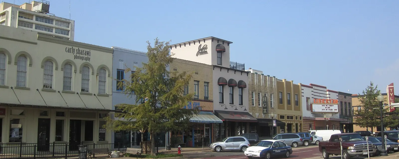 Historic storefronts on the square in downtown Tyler