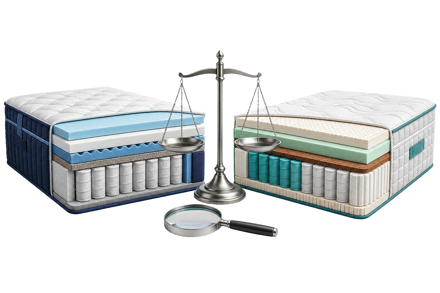 Two cut-open mattresses beside a balance scale and magnifying glass